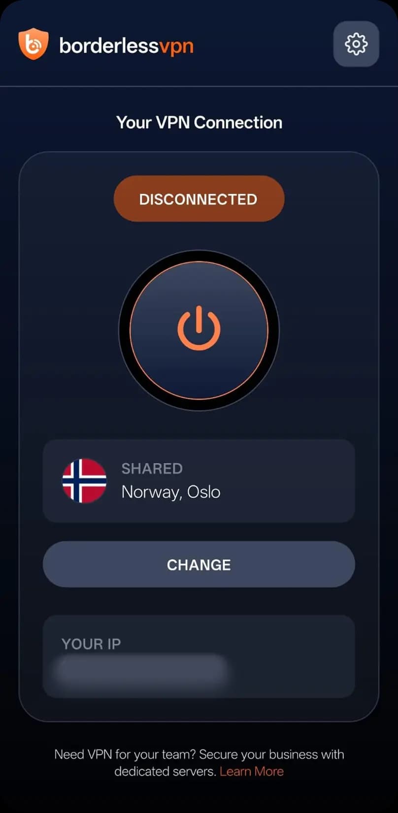 BorderlessVPN Android home screen with the server picker and Connect button
