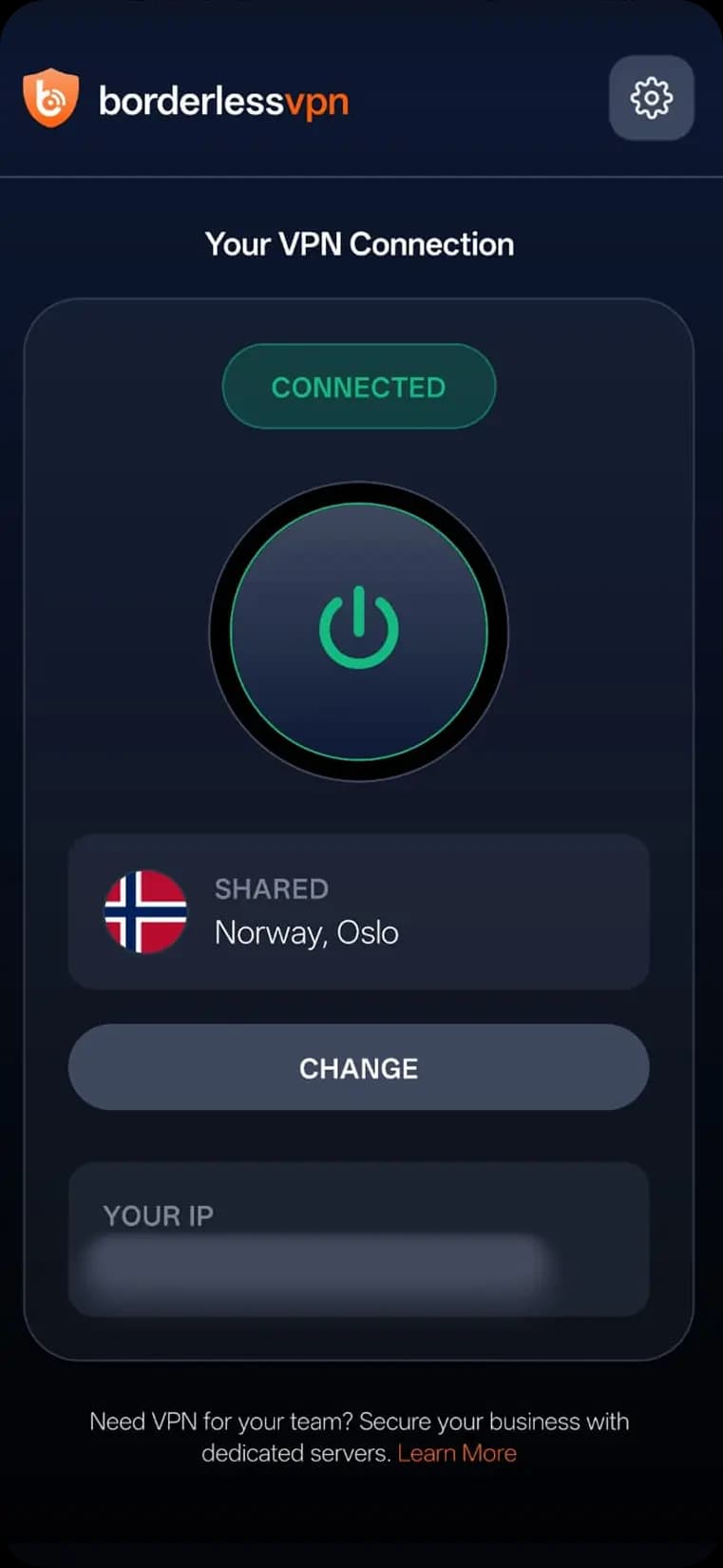BorderlessVPN Android app showing an active, connected VPN session