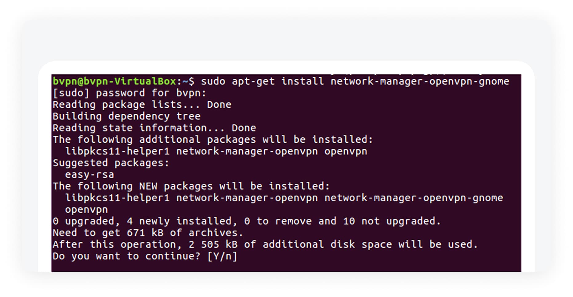 Terminal installing the network-manager-openvpn-gnome package on Ubuntu