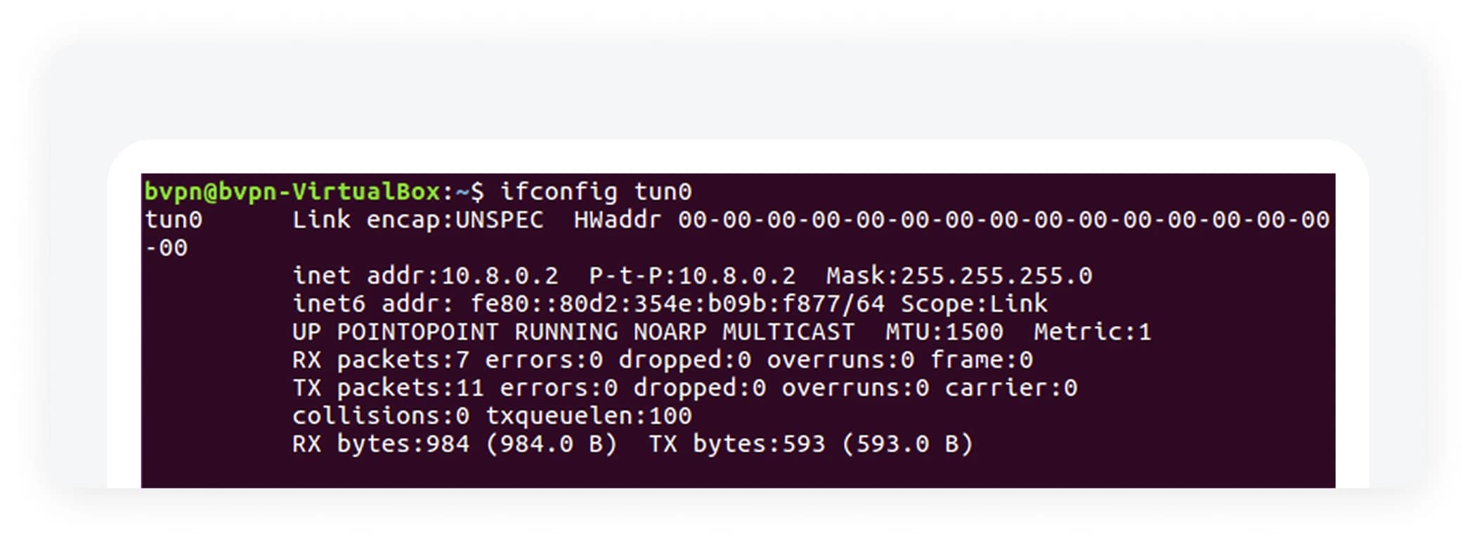 Terminal output showing the tun0 network interface is present