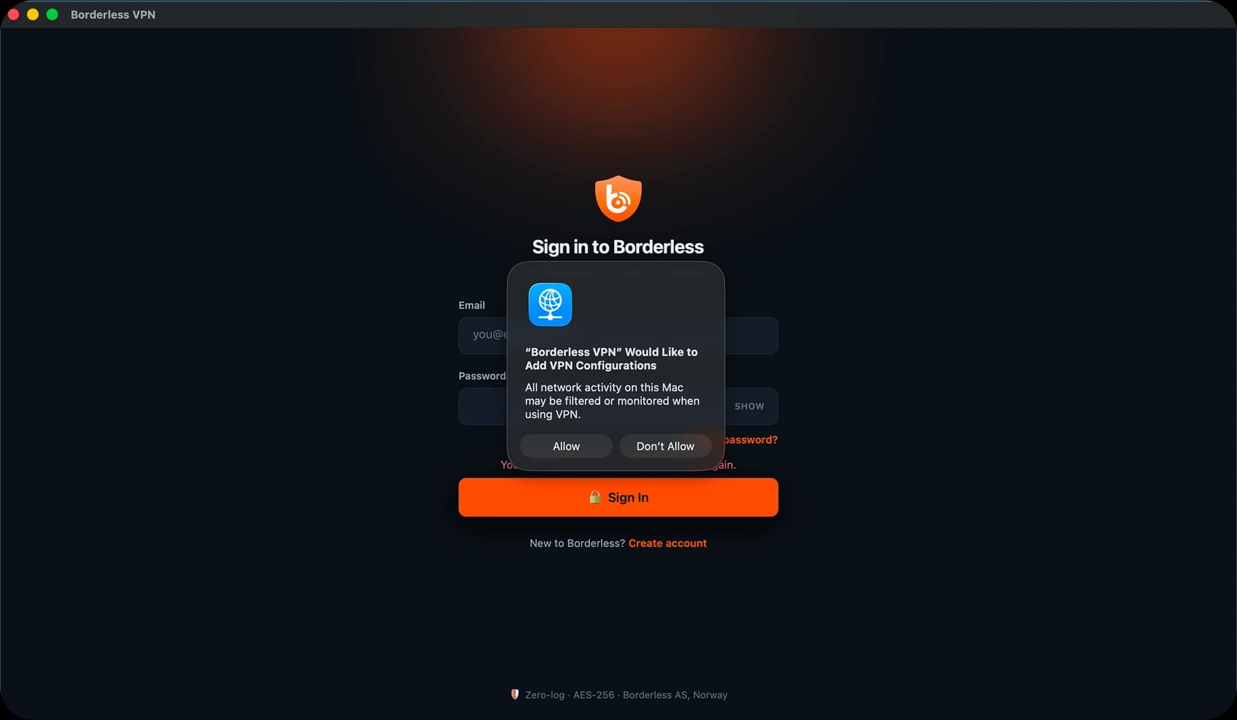 macOS prompt asking to allow Borderless VPN to add a VPN configuration