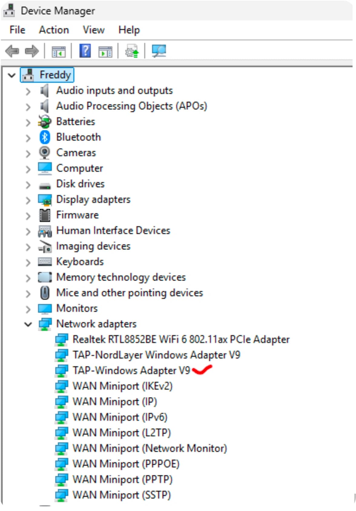 Device Manager with TAP-Windows Adapter V9 listed under Network adapters