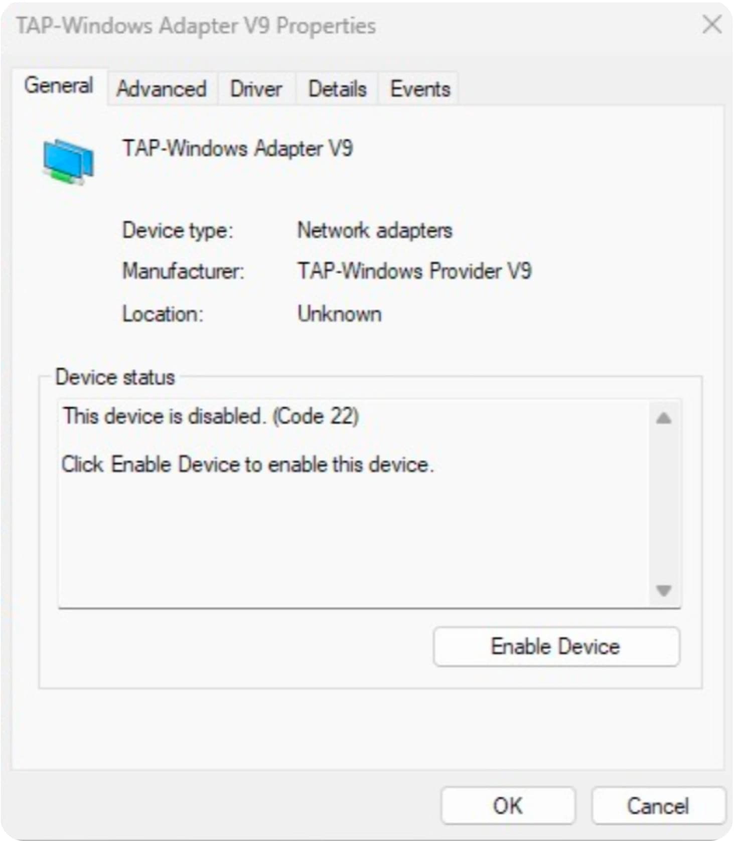 TAP-Windows Adapter V9 properties showing the device is disabled and the Enable Device button