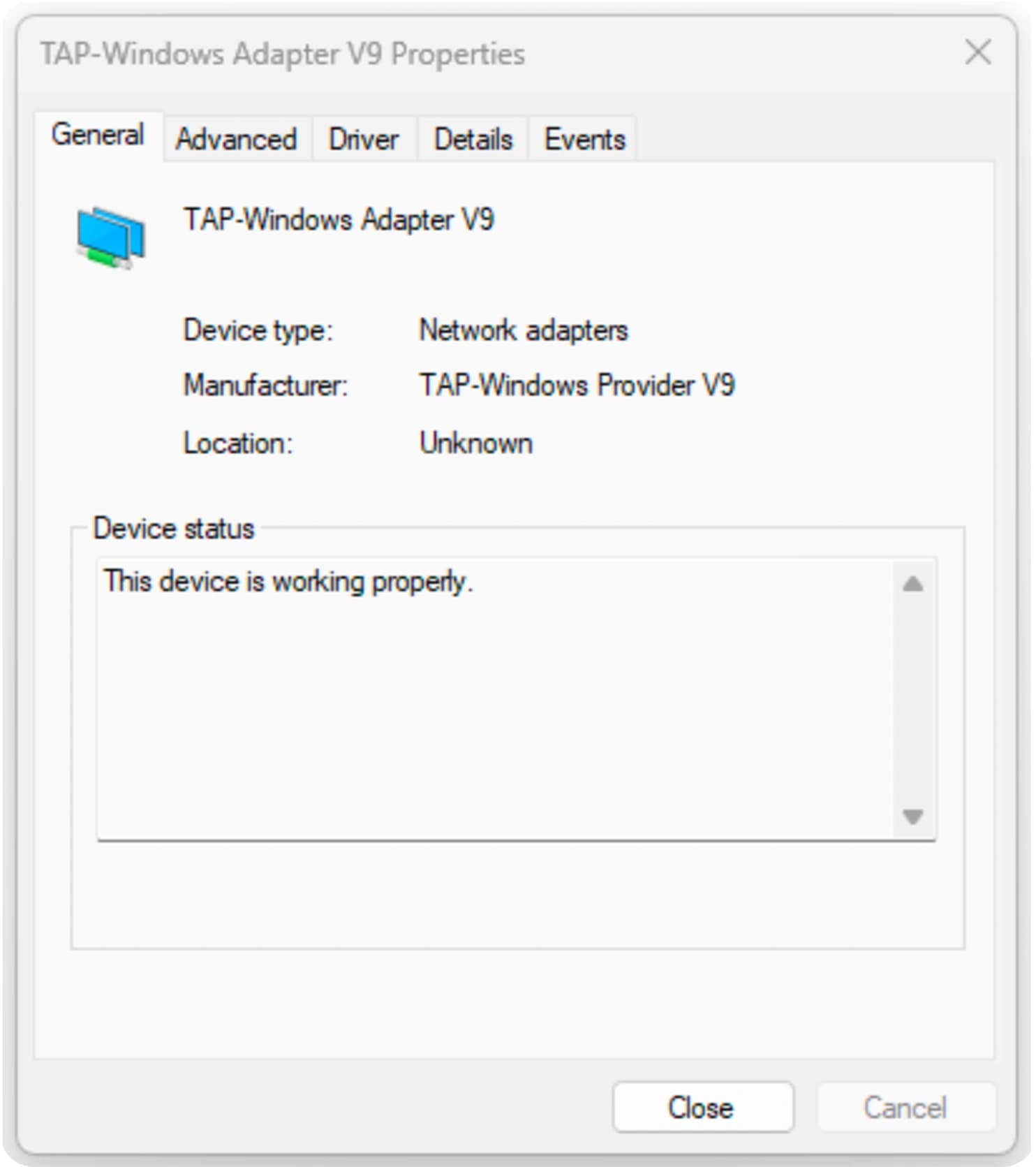TAP-Windows Adapter V9 properties showing the device is working properly