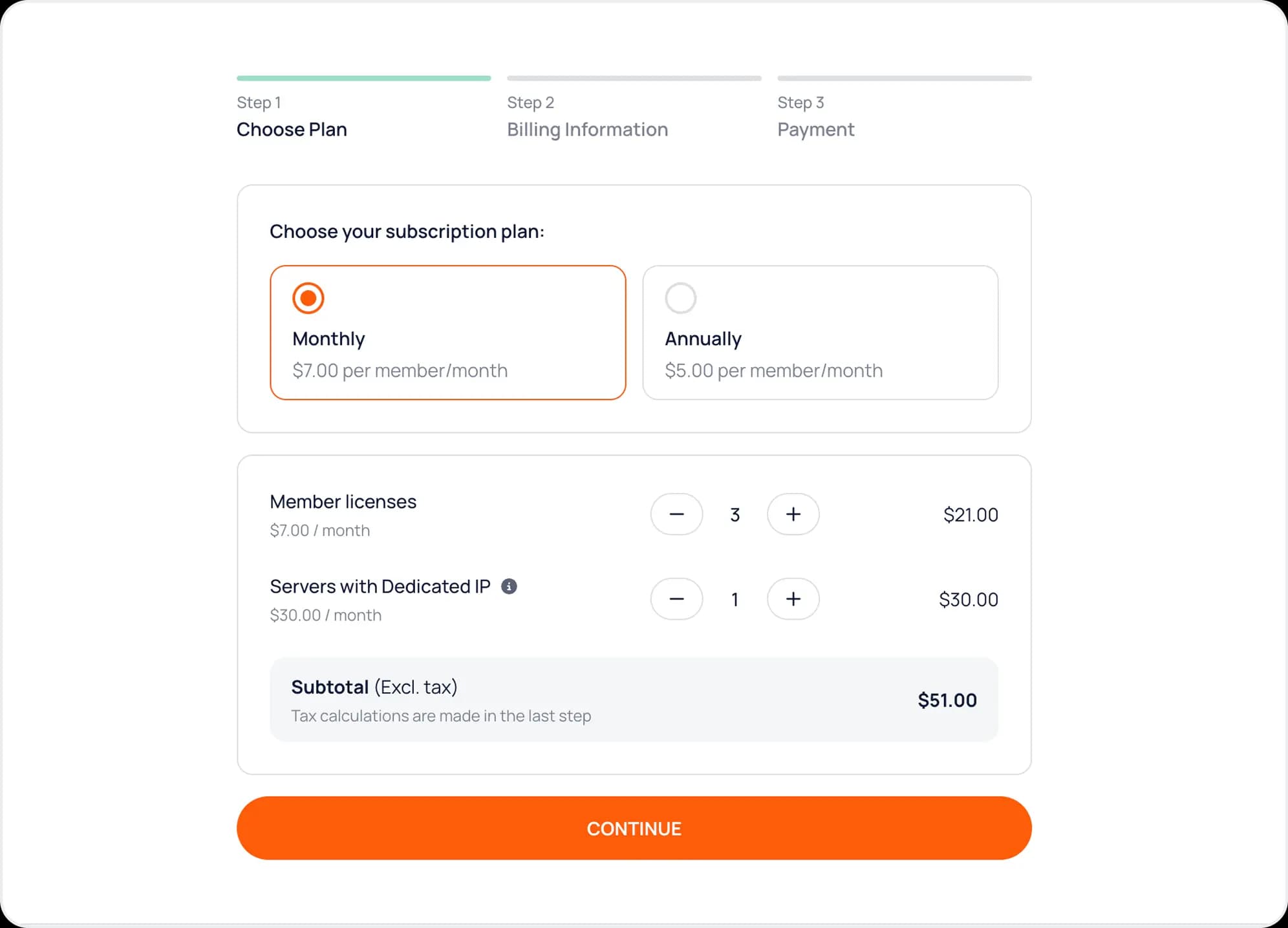 Plan and license quantity selection during checkout