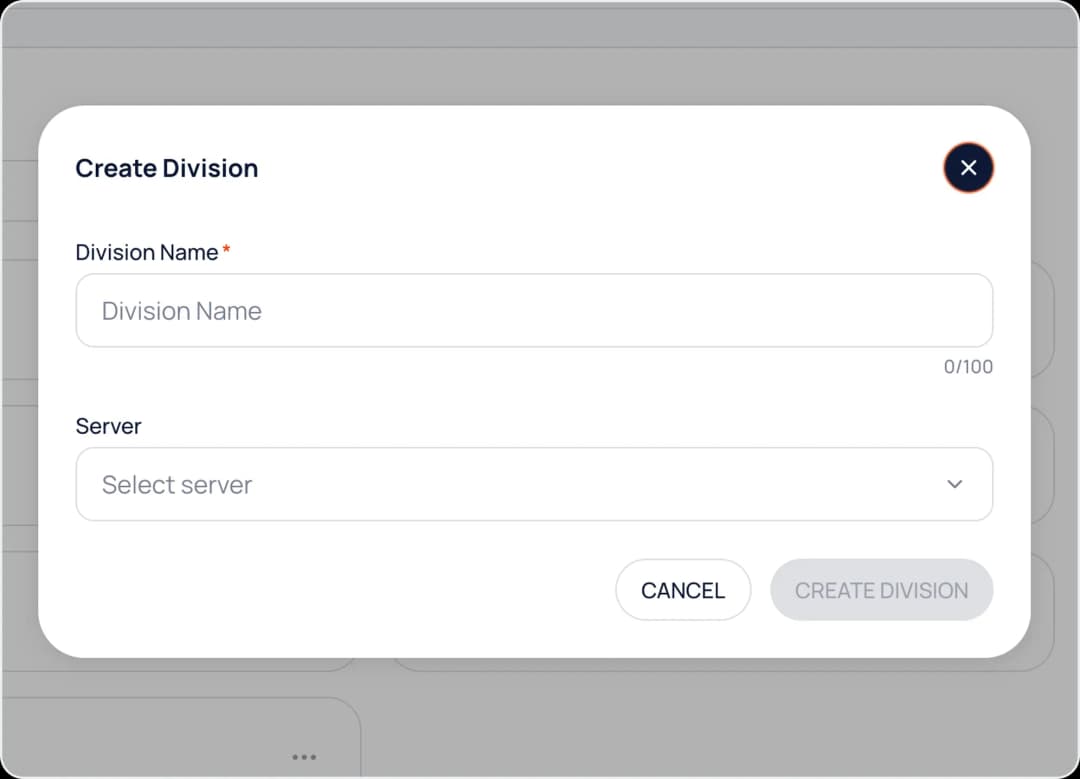 Create Division dialog with division name and server fields