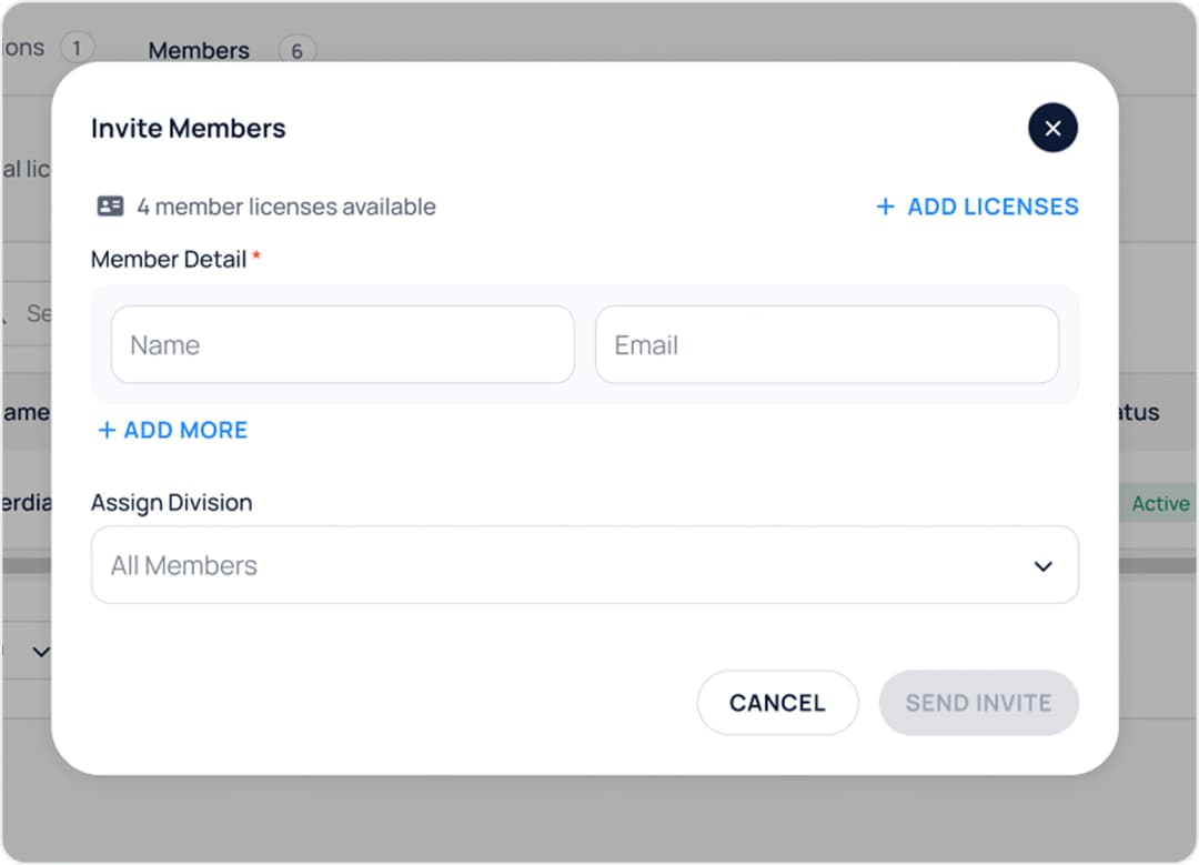Invite Members dialog with name, email, and division fields