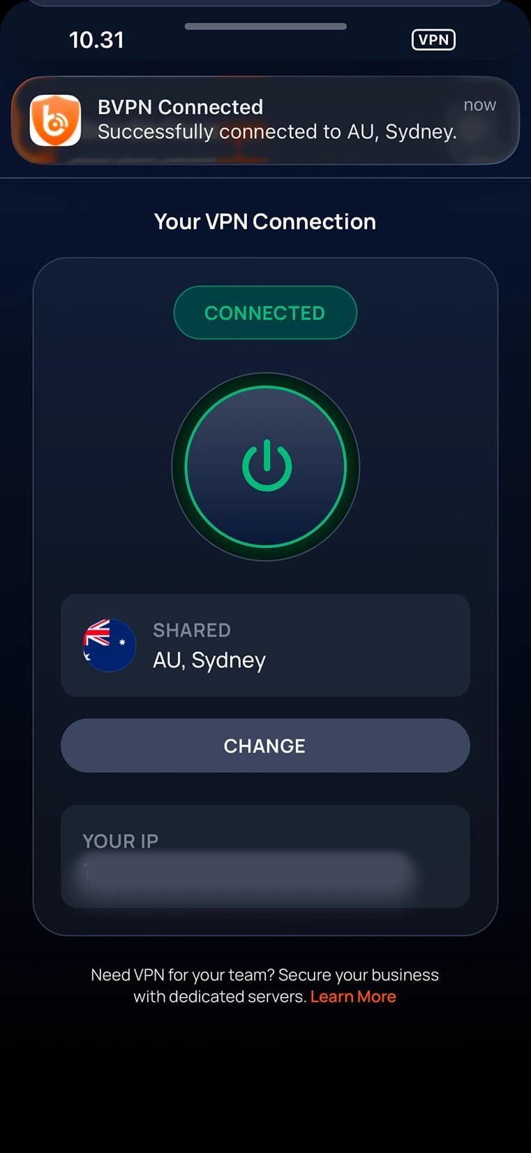 BorderlessVPN iOS app showing an active, connected VPN session