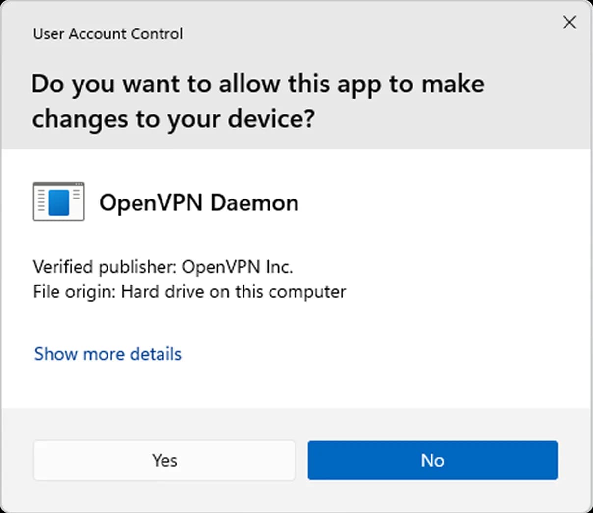 User Account Control dialog asking to allow OpenVPN Daemon to make changes